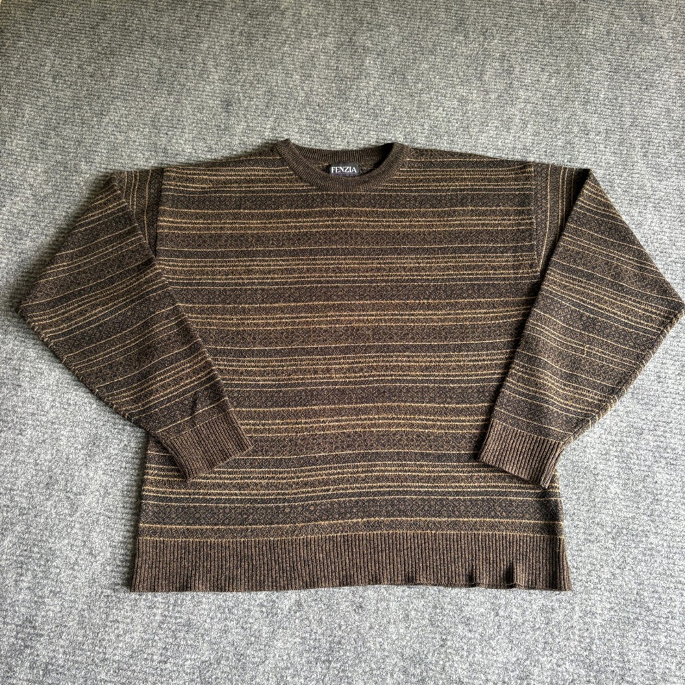Fenzia Mens Vintage 90s Striped Crewneck Sweater Brown Tan Large 2714